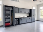Tall locker and base cabinets with doors open showing shelves