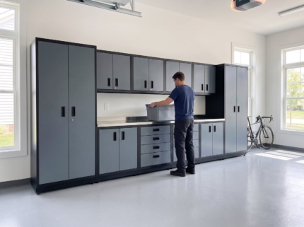 Garage cabinet system with a car parked in front