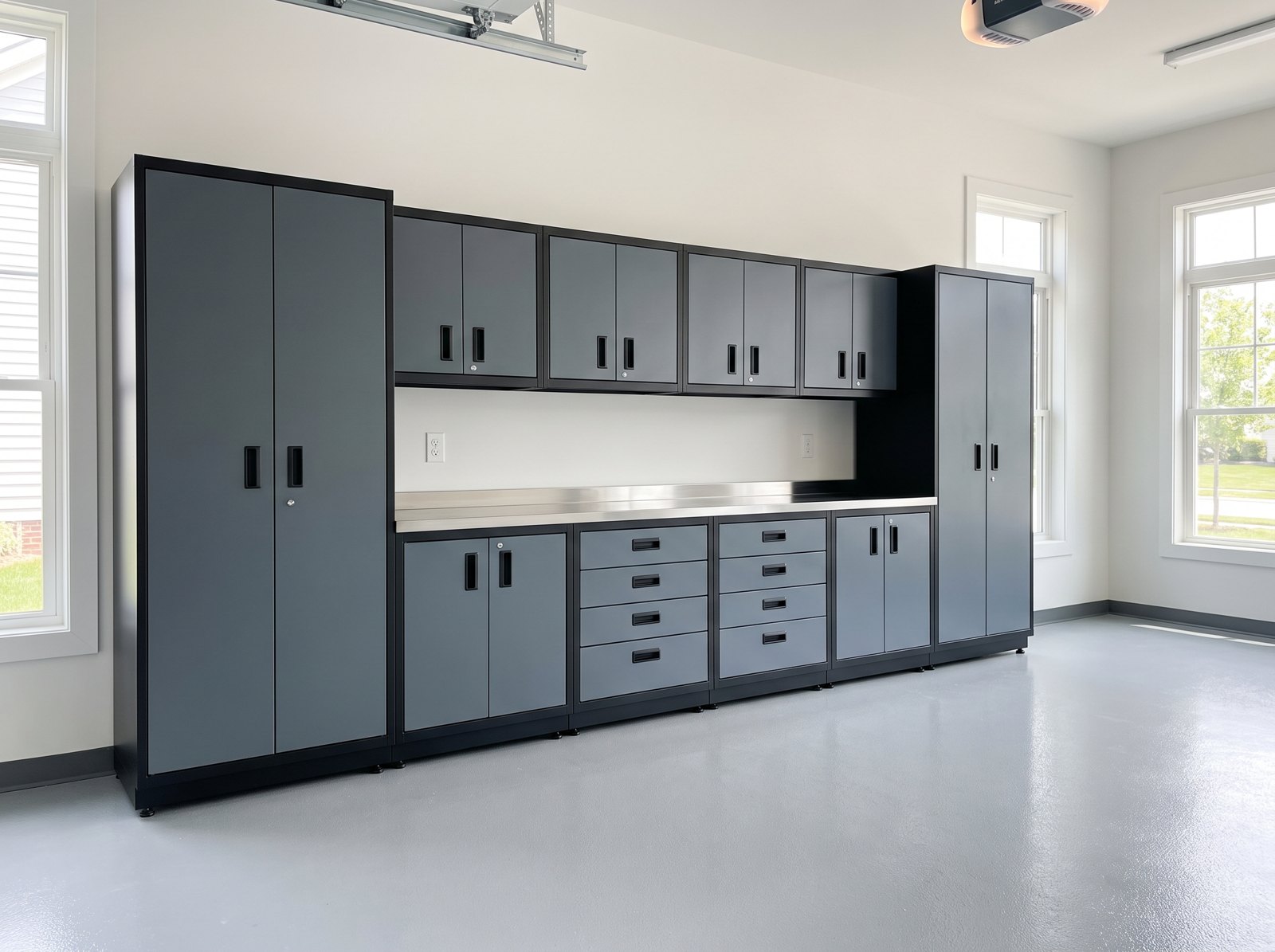 Slate grey steel garage cabinet system with stainless worktop