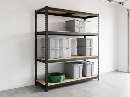4-tier black steel shelving unit with storage bins in a garage