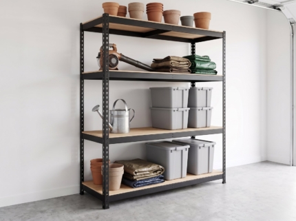 Heavy-duty shelving unit along a garage wall with garden gear