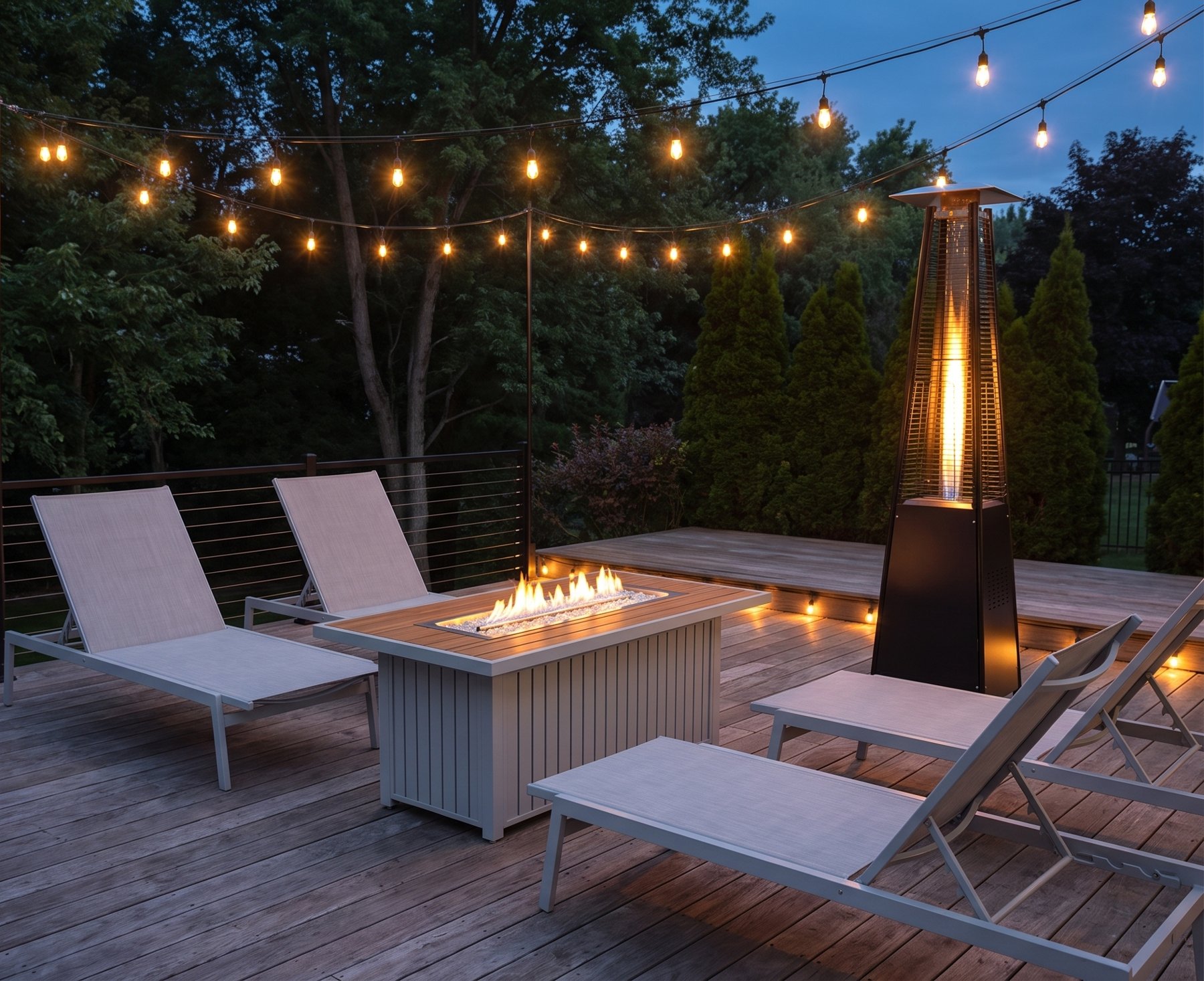 Rectangular propane fire pit table and pyramid patio heater on a backyard deck at dusk