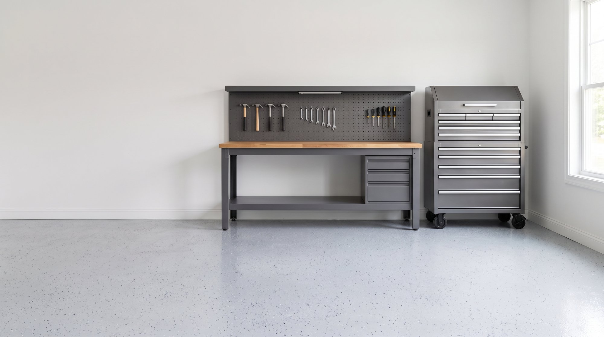 Steel workbench with hardwood top and rolling tool chest in a bright home garage