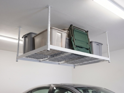 4 x 8 ft white overhead garage ceiling storage rack holding storage totes