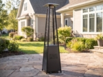 Pyramid patio heater seen from the side with its wheels