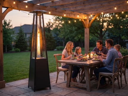 Glass-tube patio heater beside an outdoor dining table with string lights