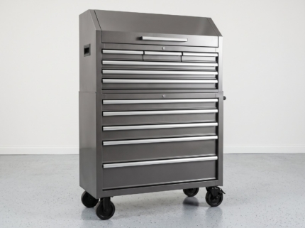 41 in. gunmetal grey rolling tool chest and cabinet in a home garage