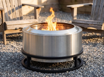 30 in. smokeless stainless steel fire pit burning on a gravel patio