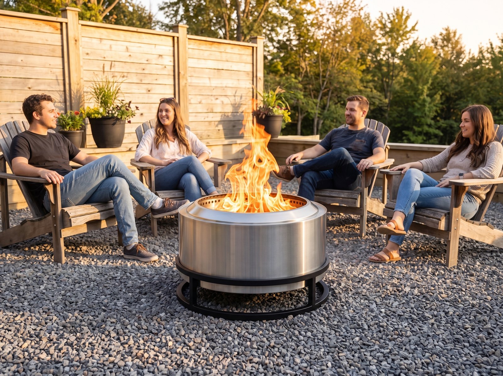Friends sitting around a smokeless stainless steel fire pit at golden hour