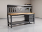 72 in. charcoal steel workbench with hardwood top and pegboard in a garage