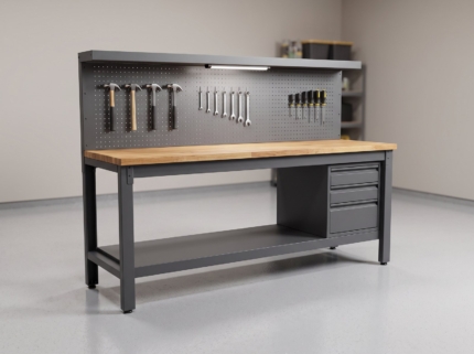 72 in. charcoal steel workbench with hardwood top and pegboard in a garage